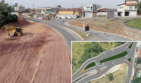 Máquinas trabalham na terraplanagem e ao lado perspectiva de como ficará a obra
